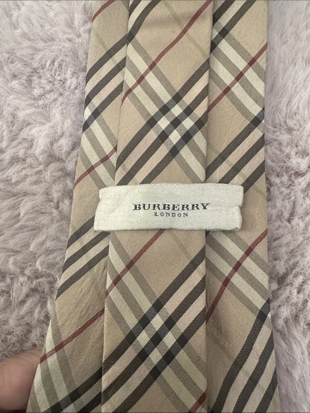 Burberry Beige Plaid Silk Tie with Black, White and Red Accents